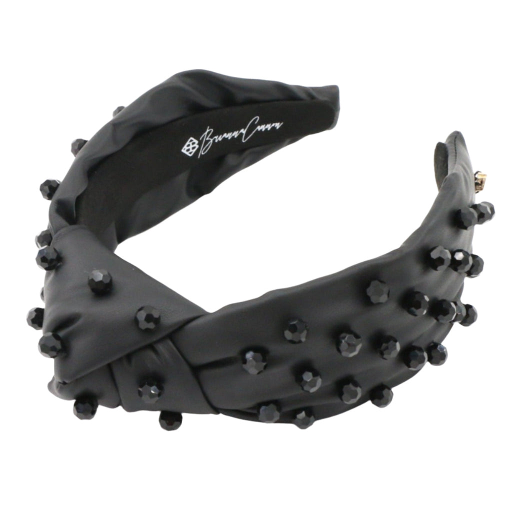 Black Vegan Leather Headband with Hand-Sewn Glass Beads
