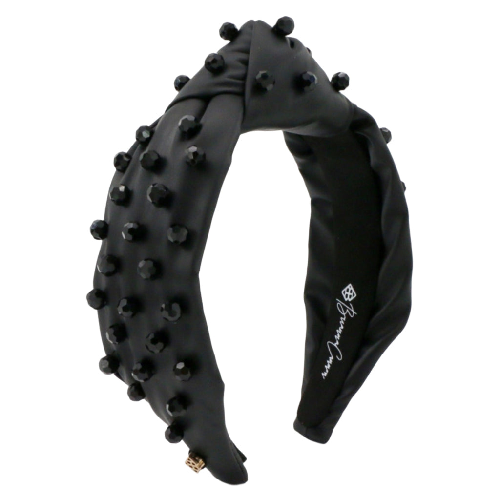 Black Vegan Leather Headband with Hand-Sewn Glass Beads