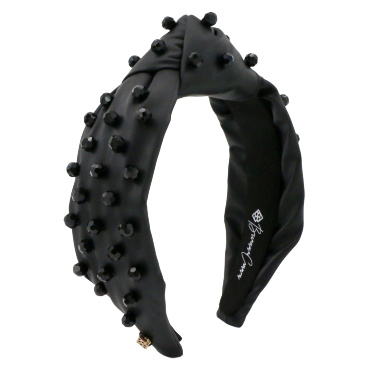 Black Vegan Leather Headband with Hand-Sewn Glass Beads