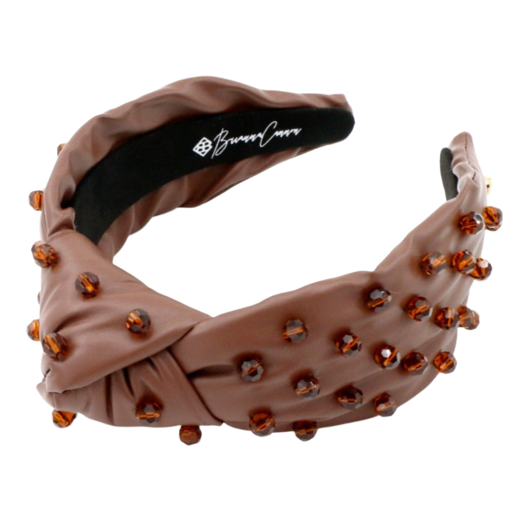 Brown Vegan Leather Headband with Hand-Sewn Glass Beads